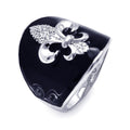 Silver 925 Rhodium Plated Black Enamel Clear CZ Fleur De Lis Cigar Band Ring - BGR00195