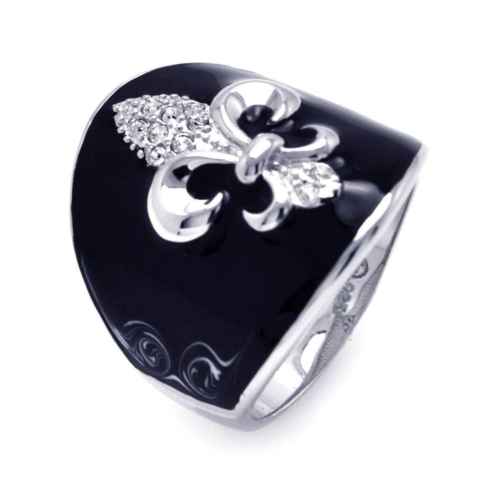 Silver 925 Rhodium Plated Black Enamel Clear CZ Fleur De Lis Cigar Band Ring - BGR00195