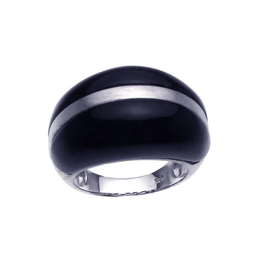 Silver 925 Rhodium Plated Black Onyx Dome Ring - BGR00202