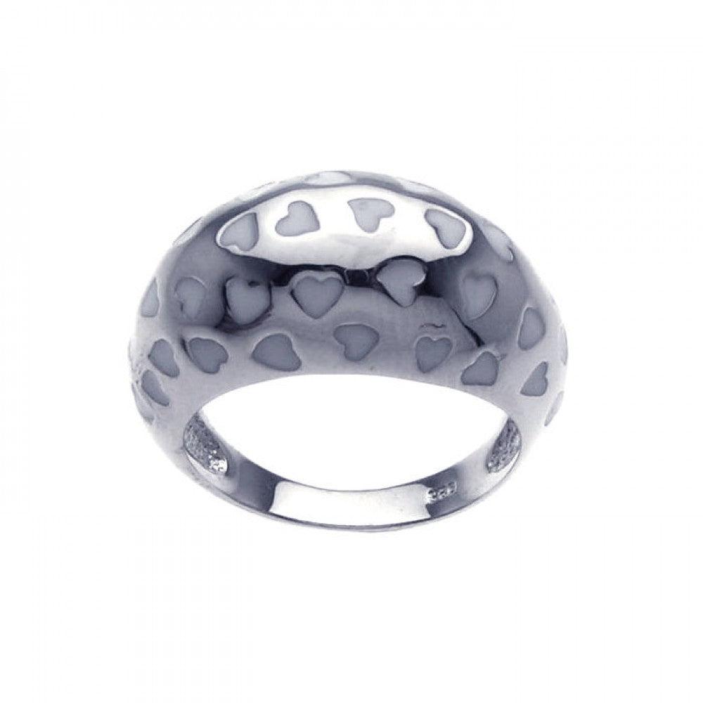 Silver 925 Rhodium Plated White Enamel Heart Dome Ring - BGR00204