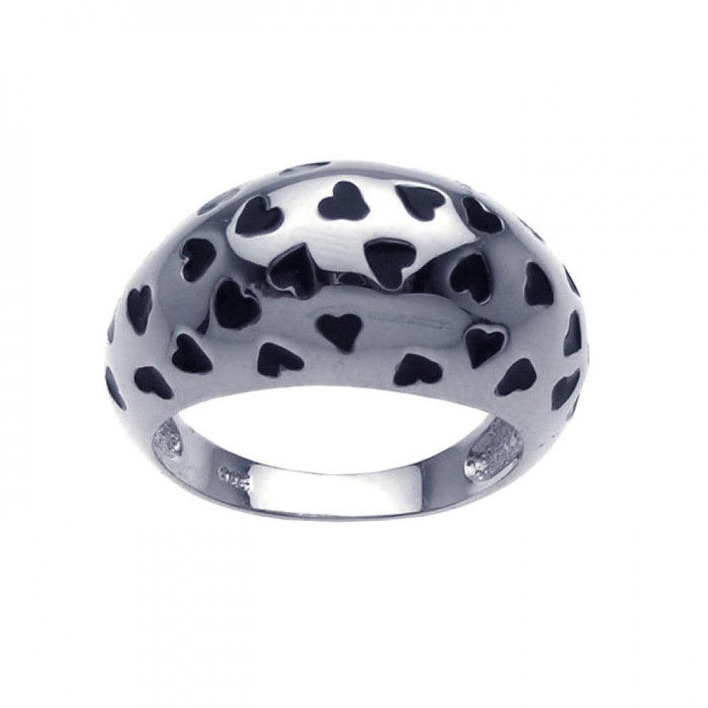 Silver 925 Rhodium Plated Black Enamel Heart Dome Ring - BGR00205