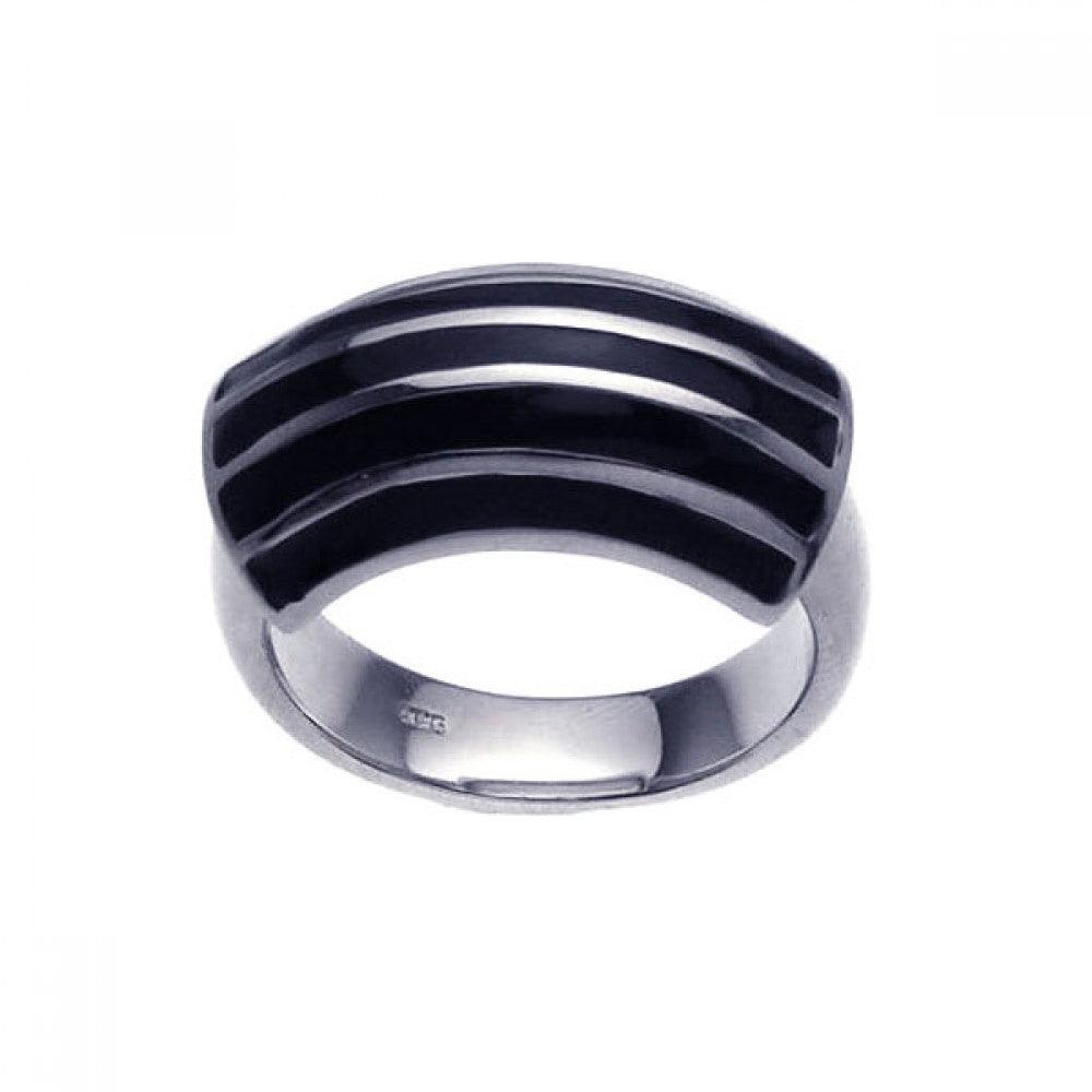 Silver 925 Rhodium Plated Black Enamel Stripe Ring - BGR00207