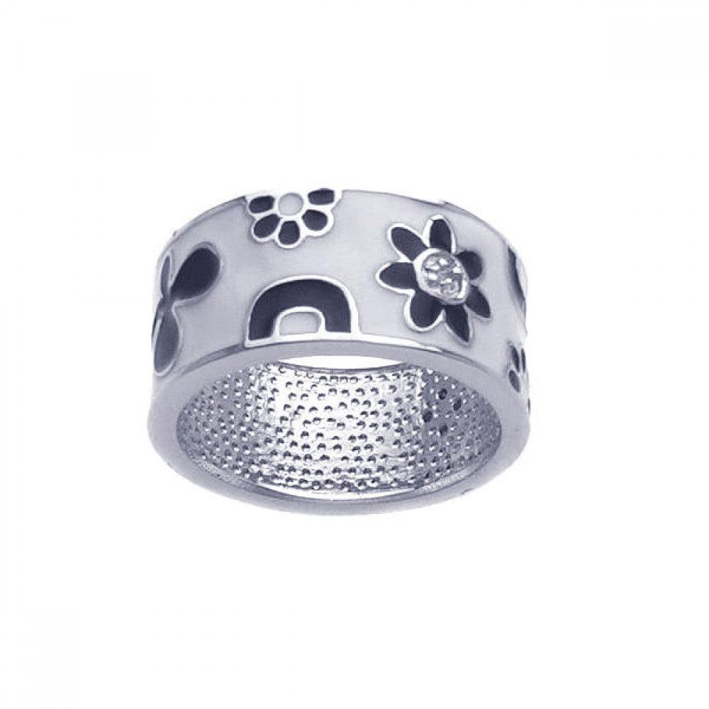 Silver 925 Rhodium Plated White and Black Enamel Flower Ring - BGR00210