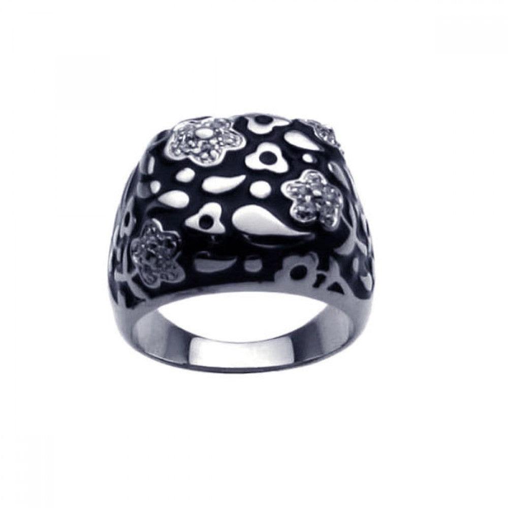 Silver 925 Rhodium Plated Black Enamel Clear CZ Flower Ring - BGR00216