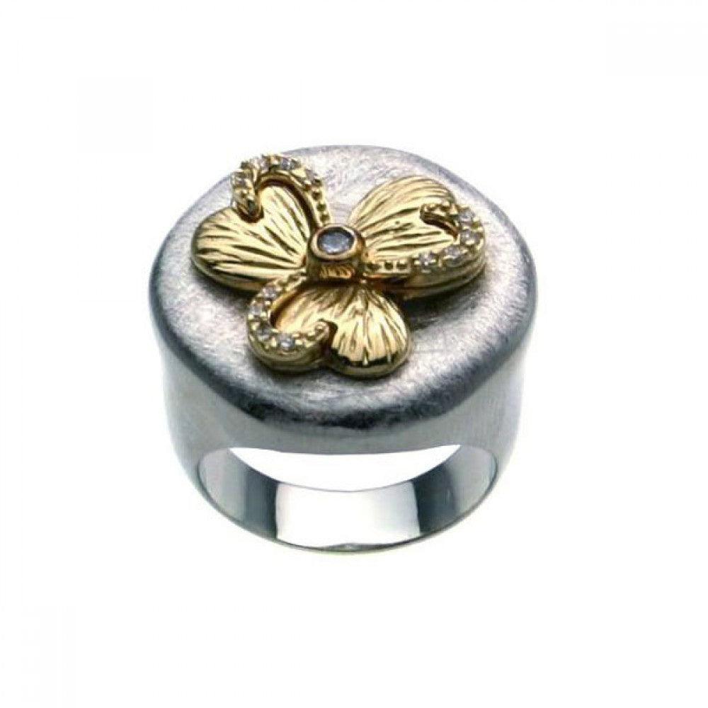 Silver 925 Rhodium and Gold Plated 2 Toned CZ Flower Ring - BGR00220