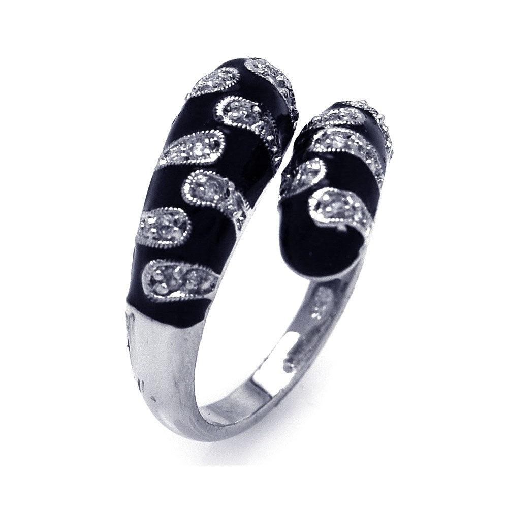 Silver 925 Rhodium Plated Black Enamel Clear CZ Adjustable Ring - BGR00222