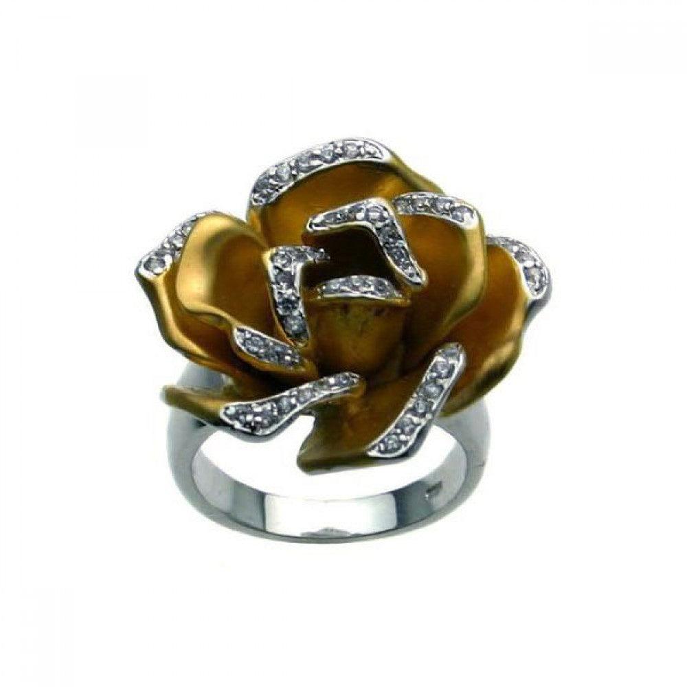 Silver 925 Rhodium and Gold Plated 2 Toned Clear CZ Flower Ring - BGR00223