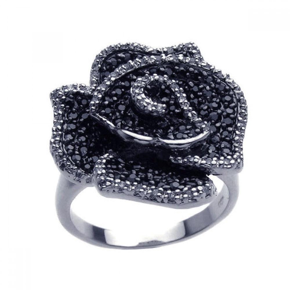 Silver 925 Rhodium and Black Rhodium Plated 2 Toned Pave Set Black and Clear CZ Flower Ring - BGR00224