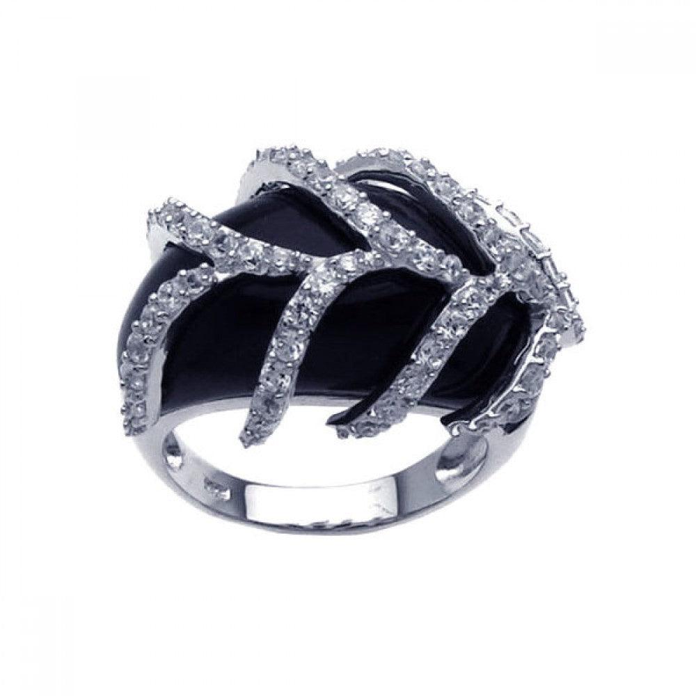 Silver 925 Rhodium Plated Black Onyx CZ Leaf Ring - BGR00228