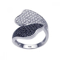 Silver 925 Rhodium and Black Rhodium Plated Black and Clear Pave Set CZ Leaf Ring - BGR00230
