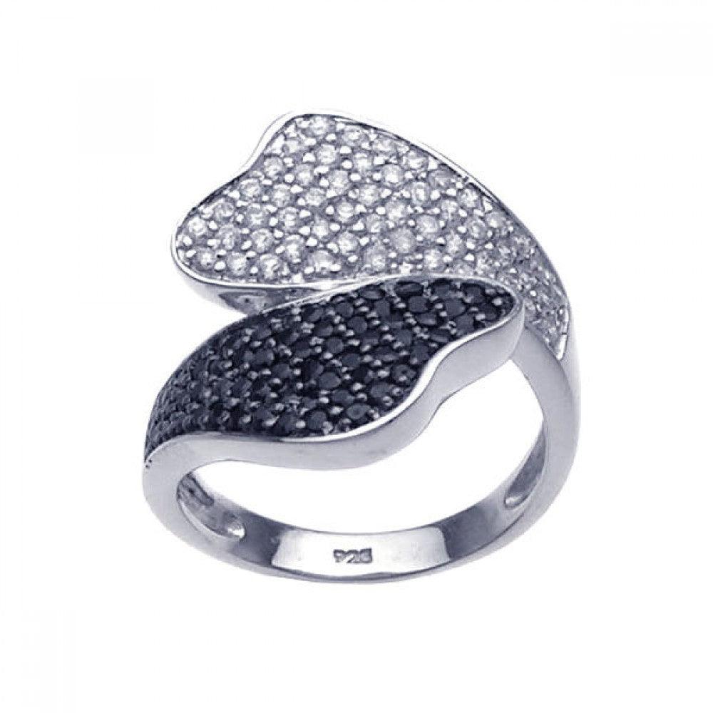Silver 925 Rhodium and Black Rhodium Plated Black and Clear Pave Set CZ Leaf Ring - BGR00230