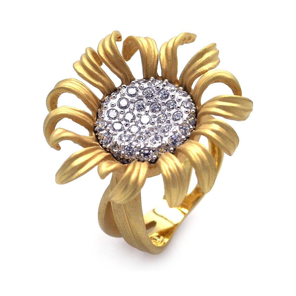 Silver 925 Rhodium and Gold Plated Pave Set Clear CZ Sunflower Ring - BGR00231