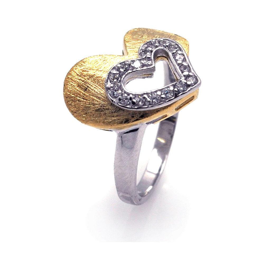 Silver 925 Rhodium and Gold Plated 2 Toned Clear CZ Open Heart Ring - BGR00232