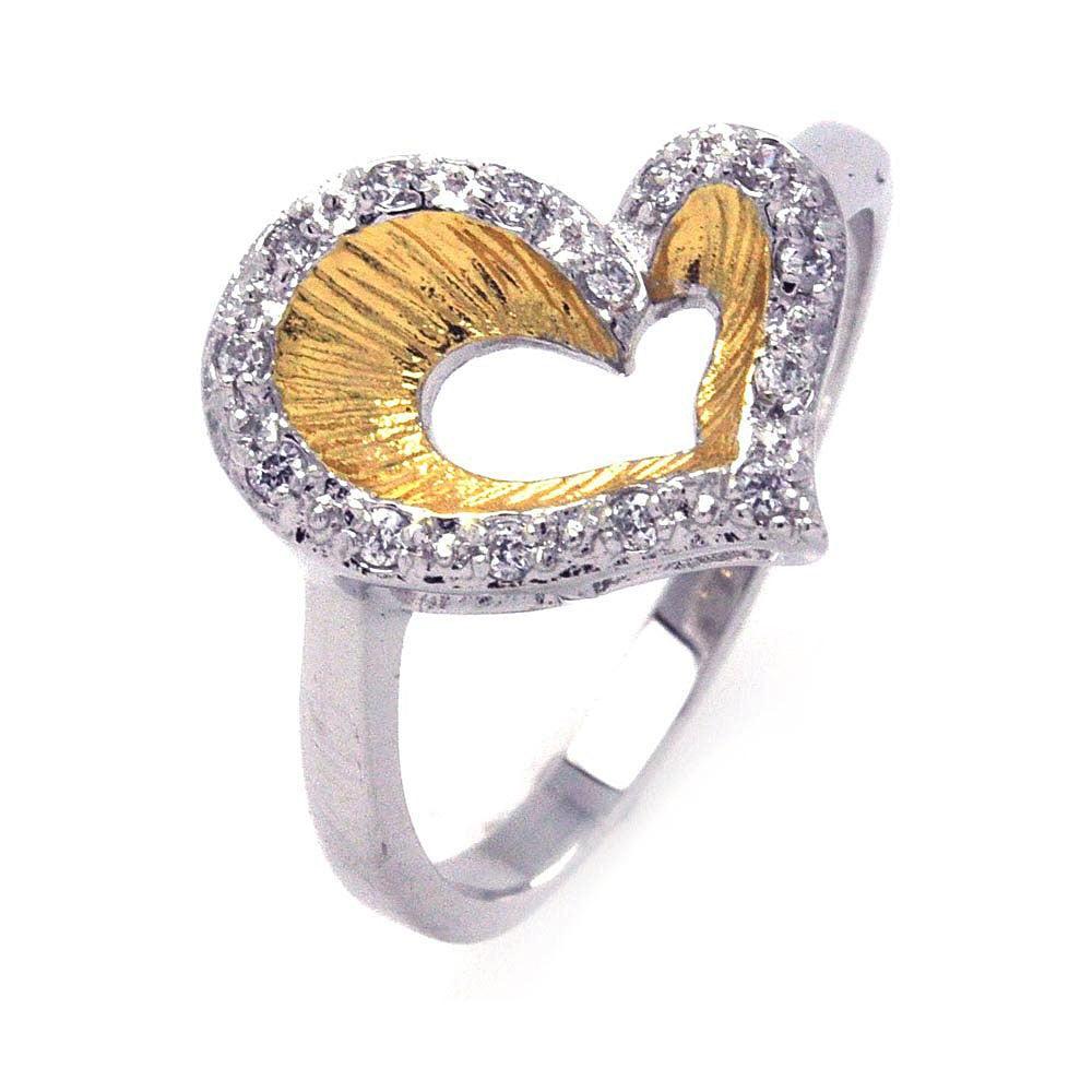 Silver 925 Rhodium and Gold Plated 2 Toned Clear CZ Open Heart Ring - BGR00234