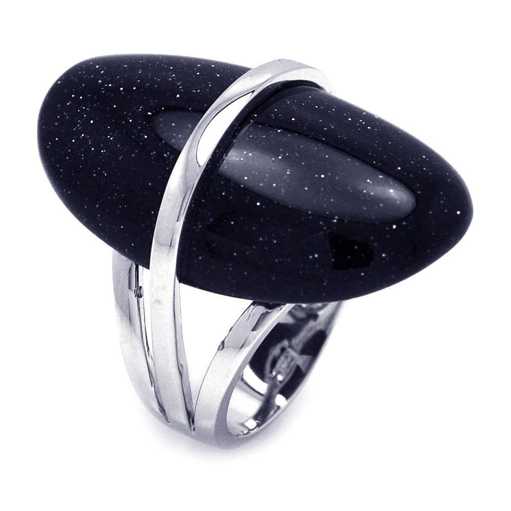 Silver 925 Rhodium Plated Oval Black Quartz Ring - BGR00238