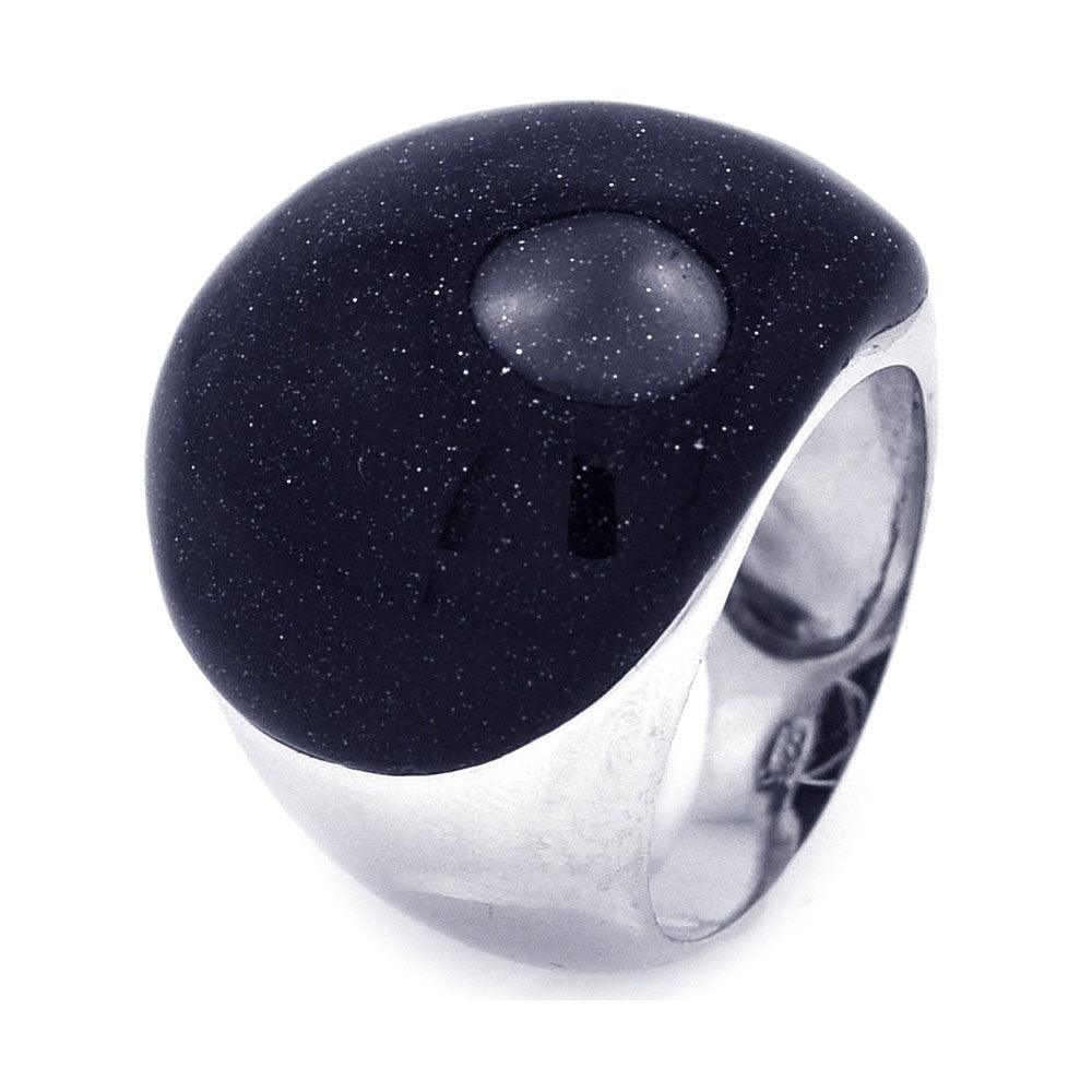 Silver 925 Rhodium Plated Black Quartz Dome Ring - BGR00239