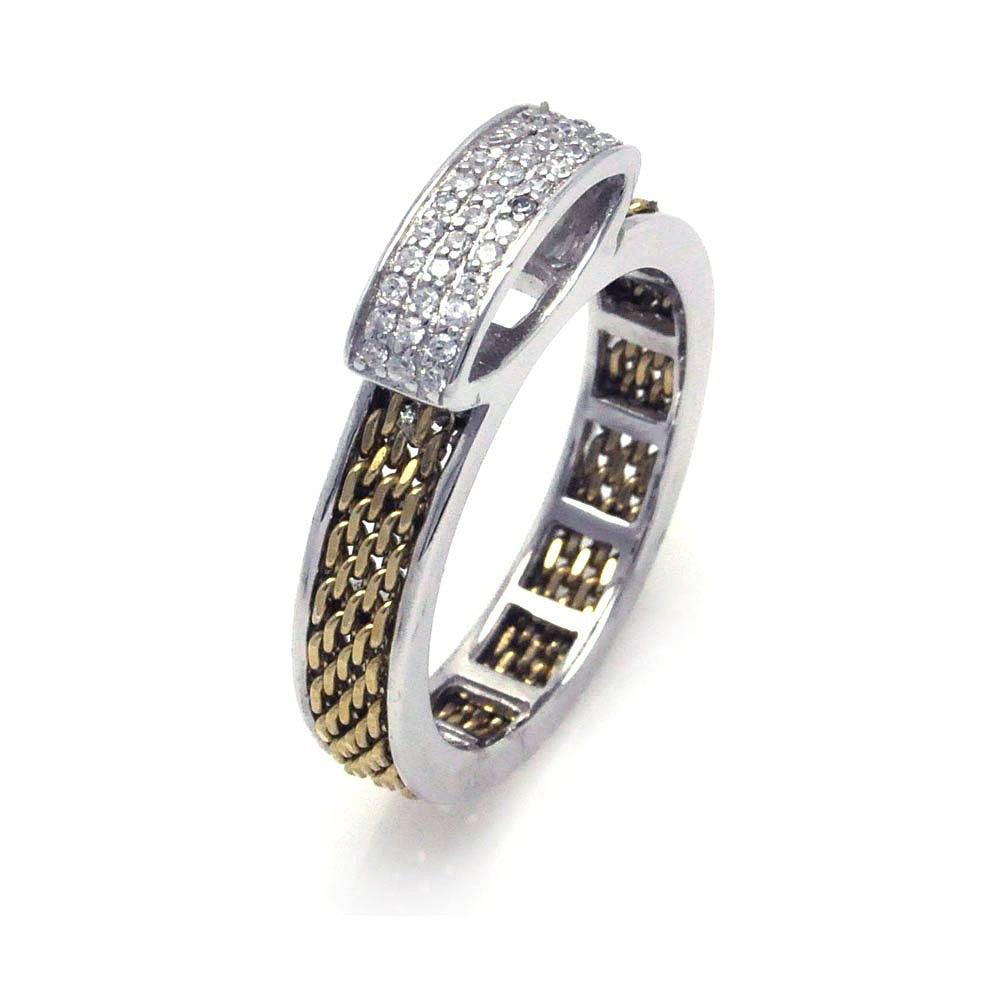 Silver 925 Rhodium and Gold Plated 2 Toned Pave Set Clear CZ Chain Ring - BGR00246