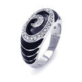 Silver 925 Rhodium Plated Black Enamel Clear CZ Swirl Ripple Ring - BGR00251