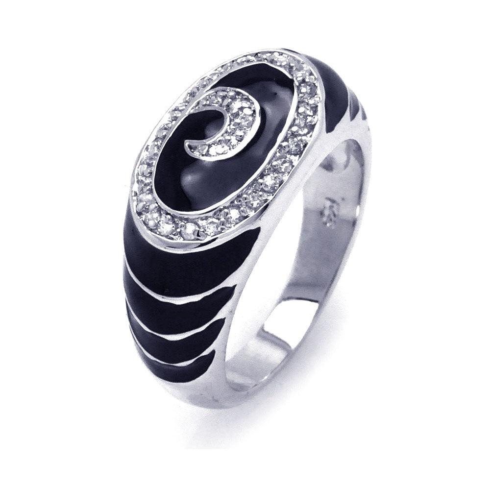 Silver 925 Rhodium Plated Black Enamel Clear CZ Swirl Ripple Ring - BGR00251