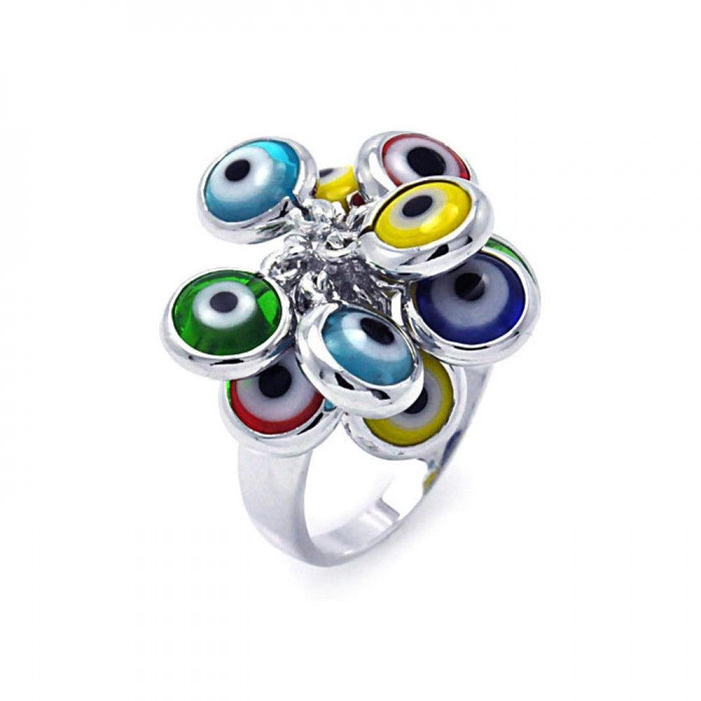 Silver 925 Rhodium Plated Multi Colored Hanging Evil Eye Ring - BGR00258