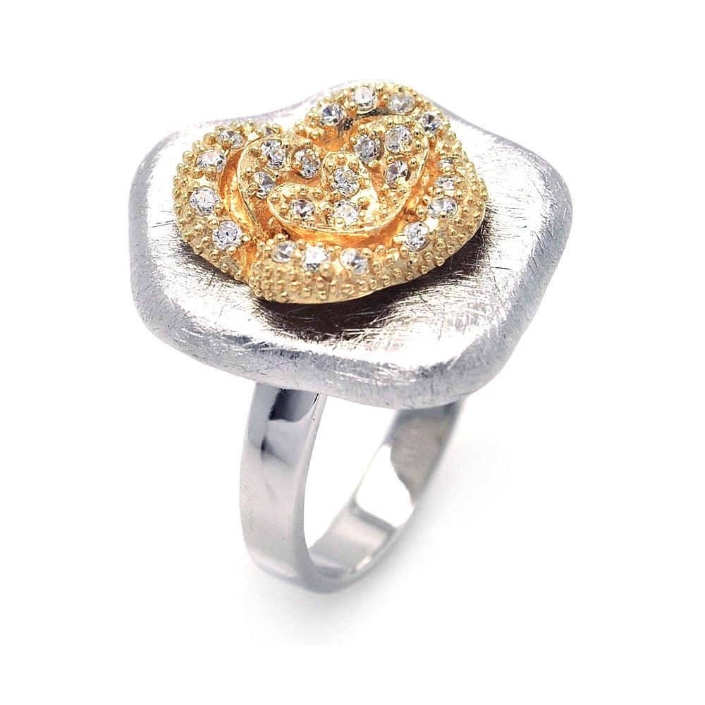 Silver 925 Rhodium and Gold Plated Matte Finish Clear CZ Flower Ring - BGR00260