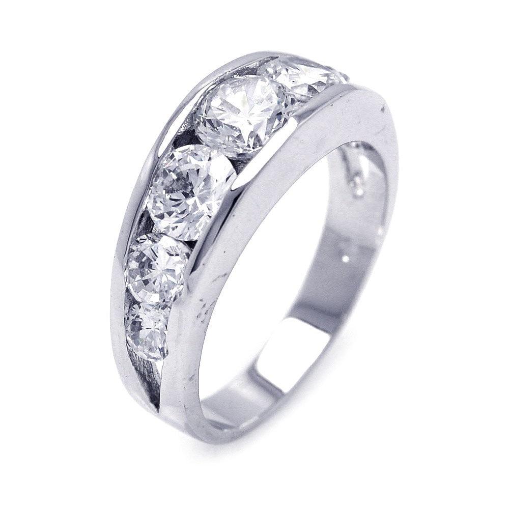 Silver 925 Rhodium Plated Round Clear CZ Graduated Ring - BGR00261