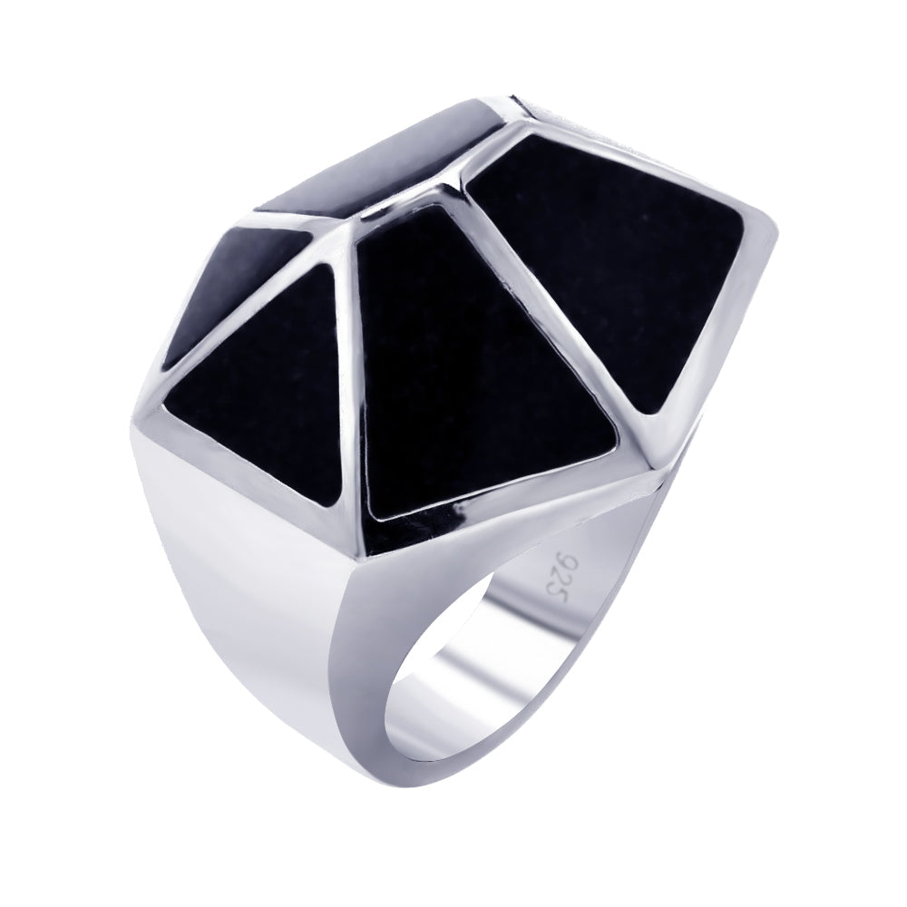 Silver 925 Rhodium Plated Black Quartz Geometric Ring - BGR00268