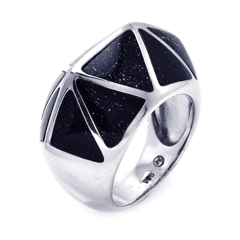 Silver 925 Rhodium Plated Black Quartz Triangle Ring - BGR00270