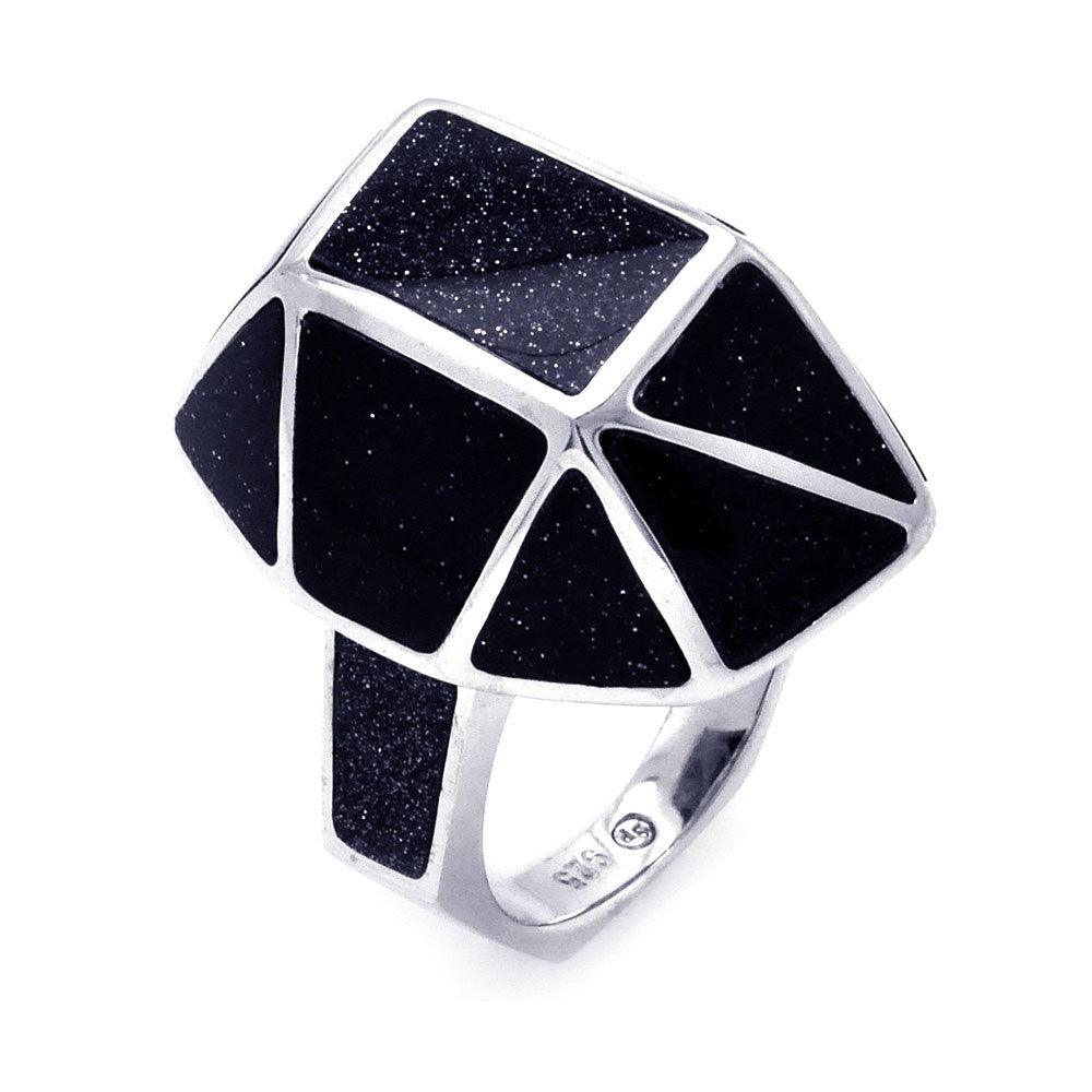 Silver 925 Rhodium Plated Black Quartz Geometric Ring - BGR00271