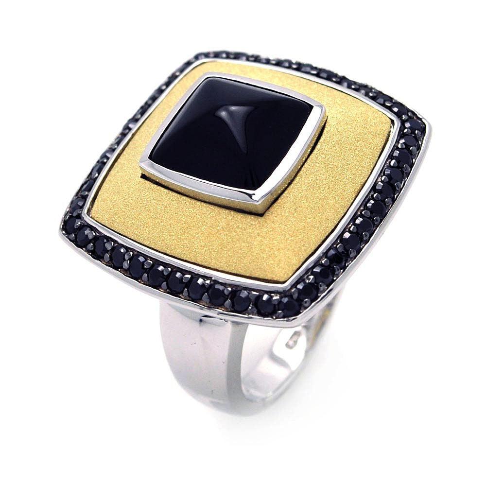 Silver 925 Rhodium Black Rhodium and Gold Plated 3 Toned Black CZ Square Ring - BGR00273