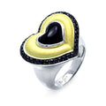 Silver 925 Rhodium, Black Rhodium, and Gold Plated 3 Toned Black CZ Heart Ring - BGR00274