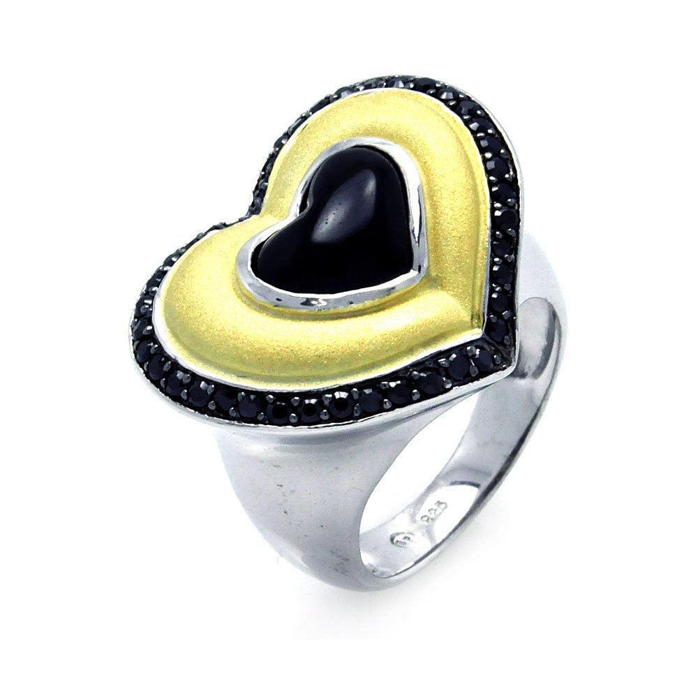 Silver 925 Rhodium, Black Rhodium, and Gold Plated 3 Toned Black CZ Heart Ring - BGR00274