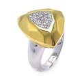 Silver 925 Rhodium and Gold Plated 2 Toned Pave Set Clear CZ Hammered Ring - BGR00277