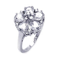 Silver 925 Rhodium Plated Clear Teardrop Round CZ Flower Ring - BGR00279