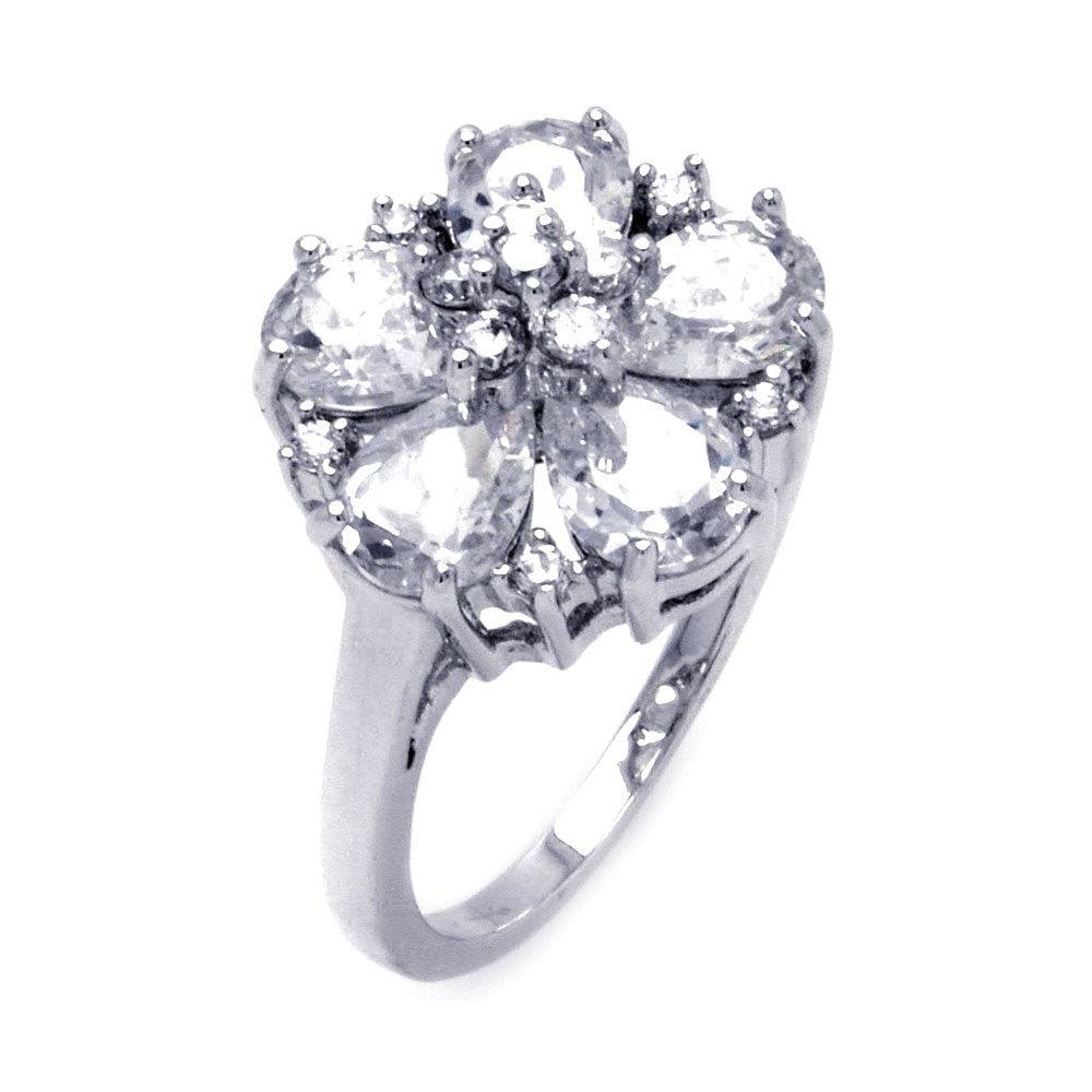 Silver 925 Rhodium Plated Clear Teardrop Round CZ Flower Ring - BGR00279