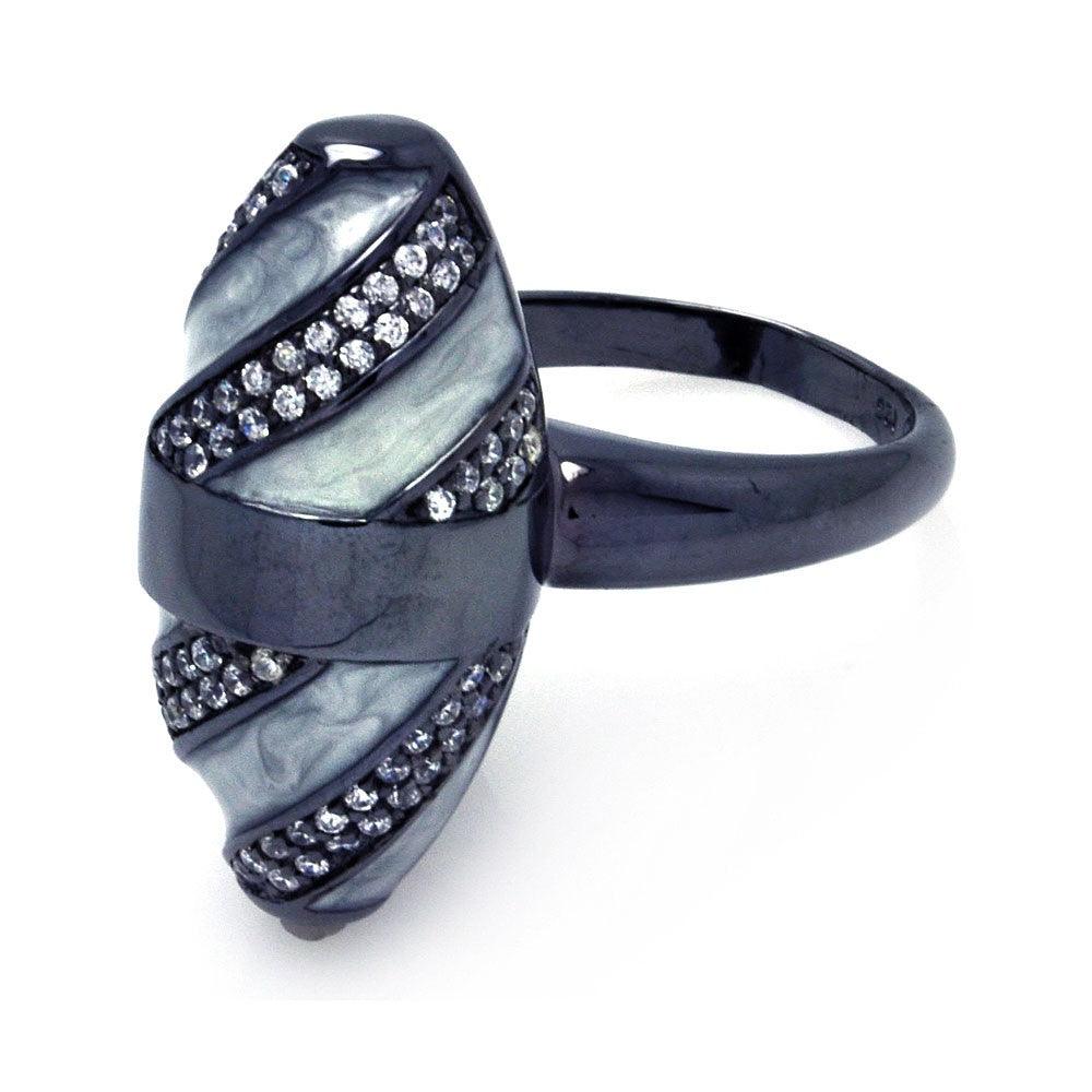 Silver 925 Black Rhodium Plated High Polish Clear Pave Set CZ Oval Ring - BGR00281