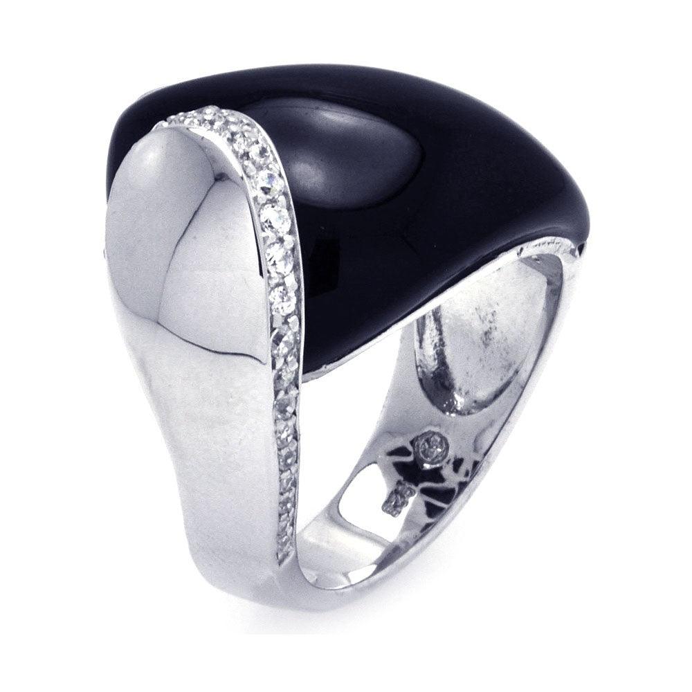 Silver 925 Rhodium Plated Black Onyx Clear CZ Overlap Ring - BGR00288