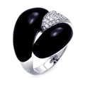 Silver 925 Rhodium Plated Black Onyx Clear Pave Set CZ Round Curl Ring - BGR00289