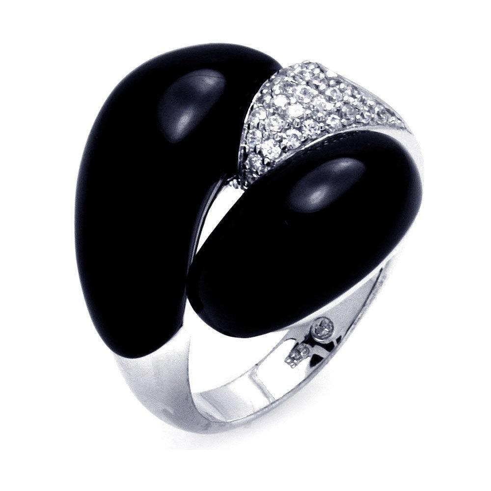 Silver 925 Rhodium Plated Black Onyx Clear Pave Set CZ Round Curl Ring - BGR00289