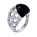 Silver 925 Rhodium Plated Black Onyx Clear CZ Net Ring - BGR00291