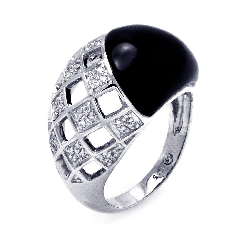 Silver 925 Rhodium Plated Black Onyx Clear CZ Net Ring - BGR00291