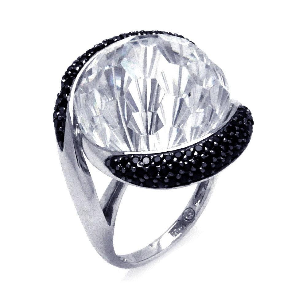 Silver 925 Rhodium and Black Rhodium Plated 2 Toned Black and Large Clear Center CZ Ring - BGR00292