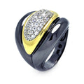 Silver 925 Rhodium Black Rhodium and Gold Plated 3 Toned Clear CZ Wide Ring - BGR00293
