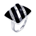 Silver 925 Rhodium Plated Black Enamel Clear CZ Square Stripe Button Ring - BGR00294