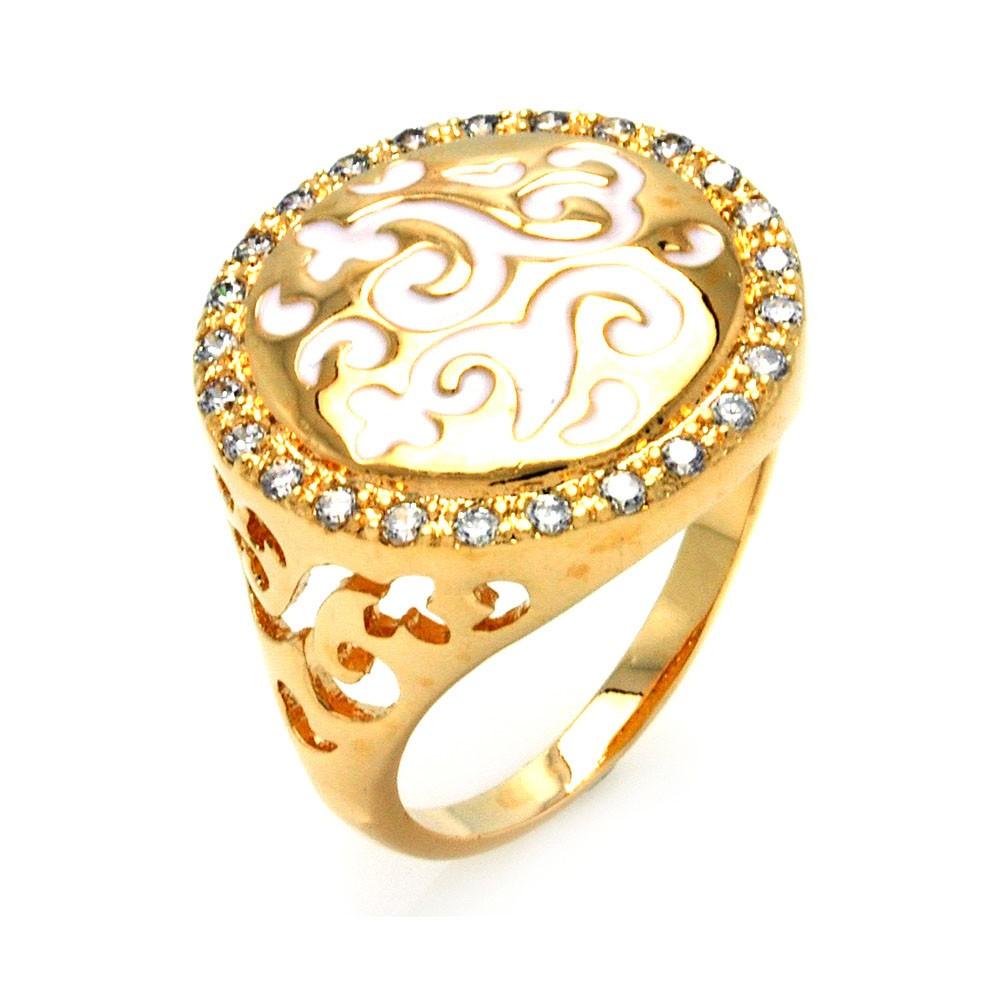Silver 925 Gold Plated White Enamel Clear CZ Ornate Design Ring - BGR00297