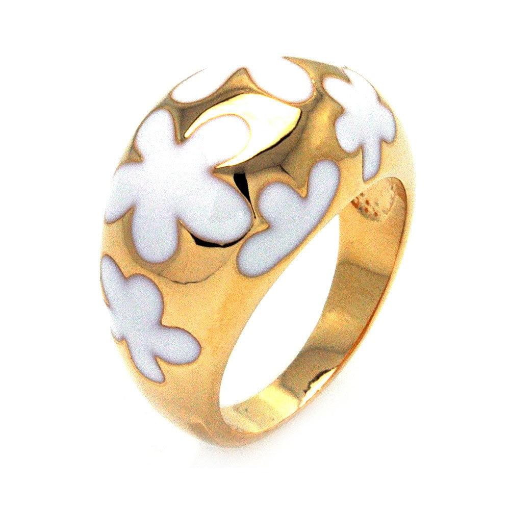Silver 925 Gold Plated White Enamel Flower Dome Ring - BGR00298