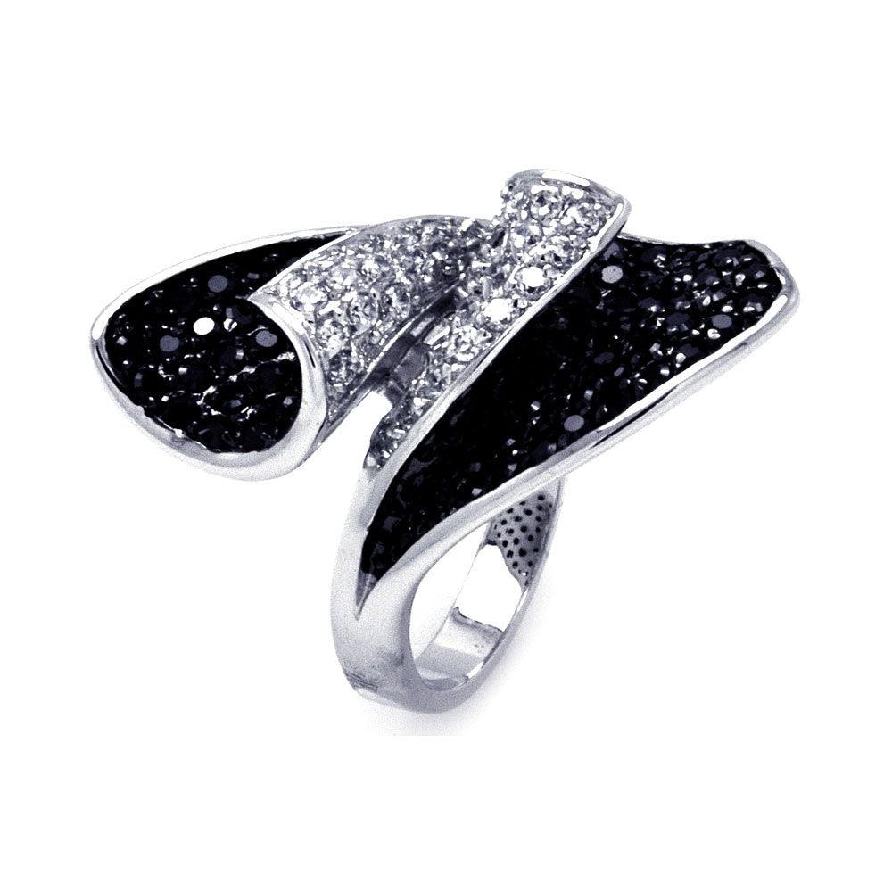 Silver 925 Rhodium and Black Rhodium Plated 2 Toned Black and Clear Pave Set CZ Open Folds Ring - BGR00303