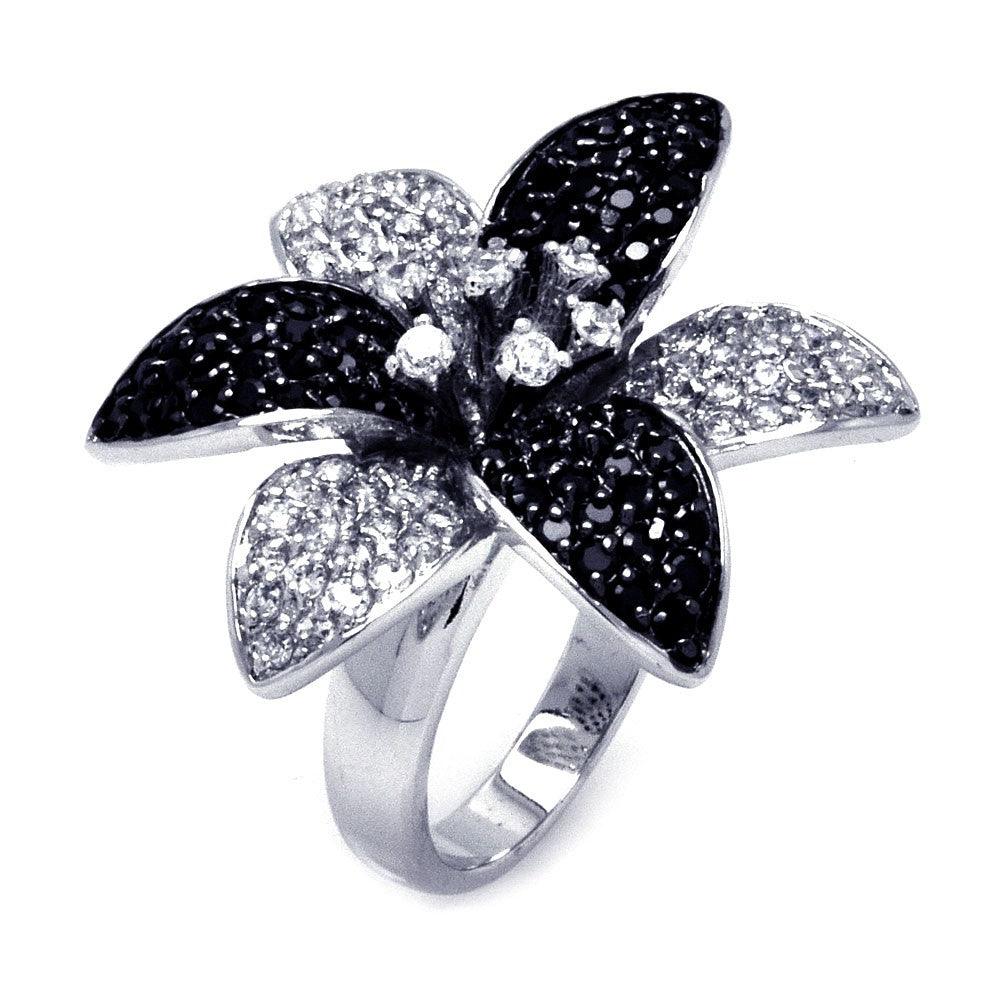 Silver 925 Rhodium and Black Rhodium Plated 2 Toned Black and Clear CZ Flower Ring - BGR00304