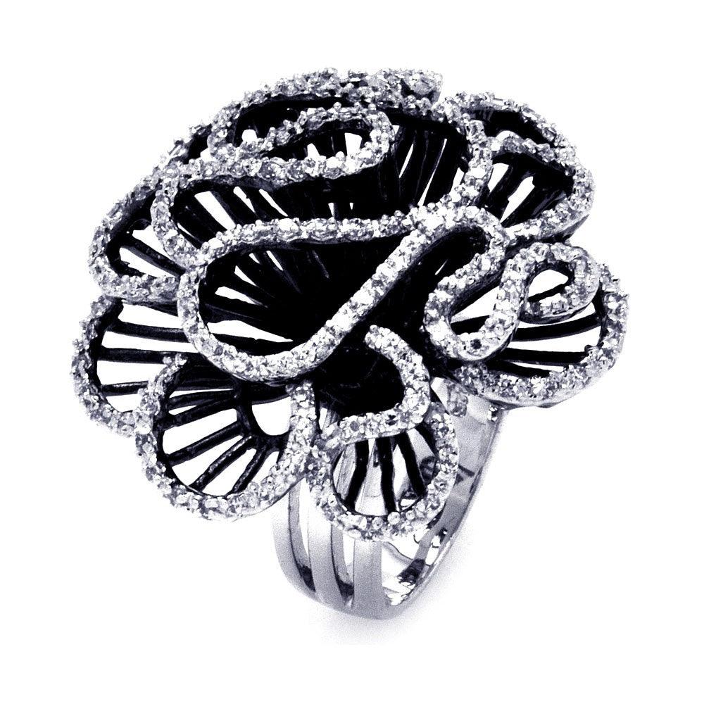 Silver 925 Rhodium and Black Rhodium Plated 2 Toned Clear CZ Coral Flower Ring - BGR00307