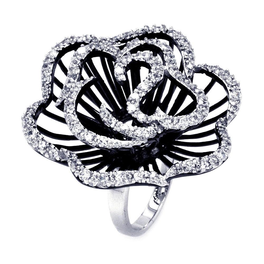 Silver 925 Rhodium and Black Rhodium Plated 2 Toned Clear CZ Rose Flower Ring - BGR00311BLK